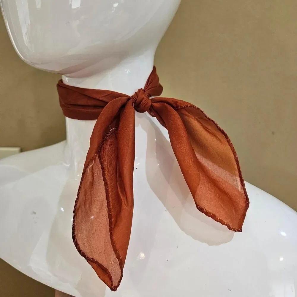 vintage boho cottagecore burnt orange square scarf rolled edges